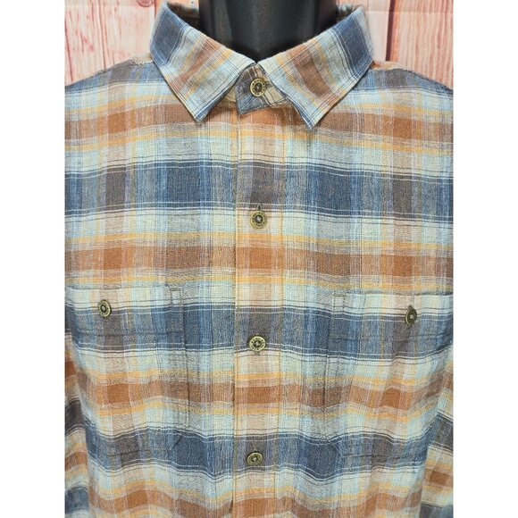 Kuhl Mens Linen Blend Brown-Blue Short Sleeve Plaid Shirt XL - Picture 3 of 10